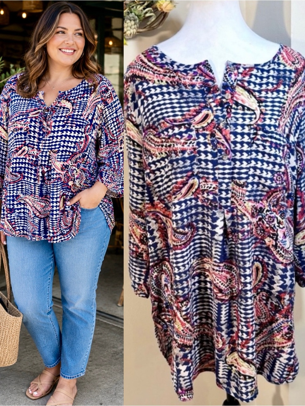 FIG AND FLOWER Paisley Print Lightweight Tunic 3/4 Sleeve Boho Pocket Top 2X💚